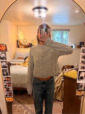 Gray Cable-Knit Button-Up Cropped Sweater